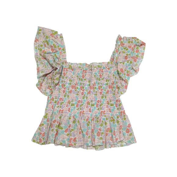 Anthropologie Love the Label Ines Ivory Smocked Bodice Tank Ruffle Short Sleeve - Picture 3 of 5